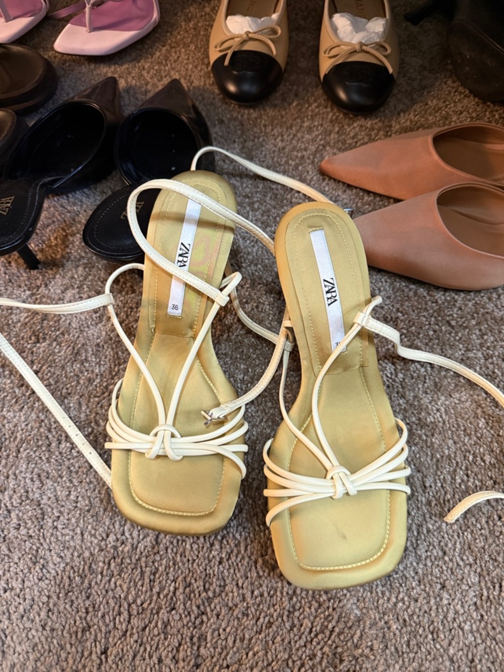 Zara Pale Yellow Strappy Square-Toe Heels